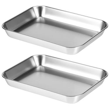 Imagem de QWORK Bandeja de instrumentos de laboratório, 2 bandejas de aço inoxidável 304, bandeja cirúrgica médica, bandeja de ferramentas de joias, 21,8 x 15,2 x 2,5 cm