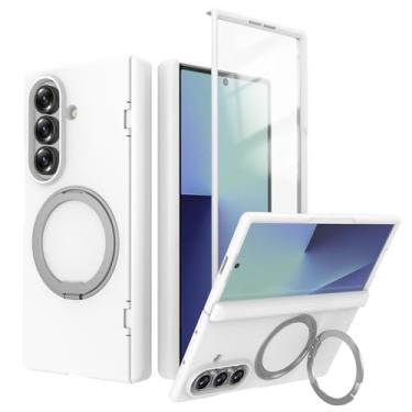 Imagem de POYUFRG Capa magnética para Samsung Galaxy Z Fold 7, tela de vidro temperado, capa fosca com suporte de anel giratório, branca, Z Fold 7