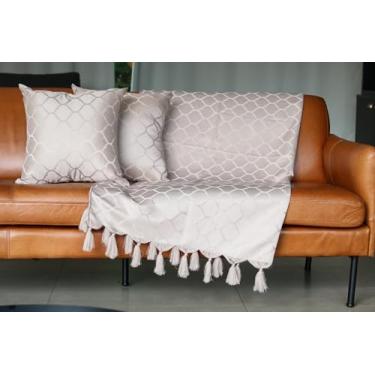 Imagem de Xale Manta Jacquard Geométrico para Sofá 1,40m x1,80m + 2 Capas de Almofada (Bege)