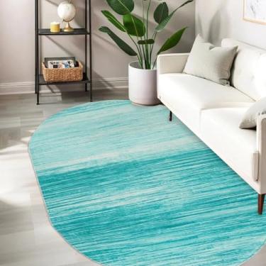 Imagem de USTIDE Tapete moderno ombré, oval, 1,2 m x 1,8 m, lavável, azul-petróleo, tapete para berçário, macio, listrado, para crianças, quarto, sala de estar, cozinha, dormitório