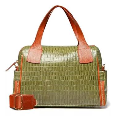 Imagem de Bolsa de Couro Legítimo Feminina Texturizada, Verde Oliva com Detalhes Laranja, Alças Duplas, Zíperes Laterais