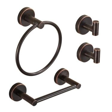 Imagem de FAIRGIA Conjunto de ferragens de banheiro de bronze, suporte de papel higiênico bronze polido a óleo, anel de toalha, 2 ganchos para roupão de parede, suporte de toalha de mão, acessórios de banho de