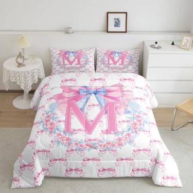 Imagem de jejeloiu Conjunto de cama feminino com laço rosa M macio para meninos e meninas, conjunto de edredom com laço azul, tamanho solteiro, fofo, flor, edredom estilo princesa, 2 peças com 1 fronha