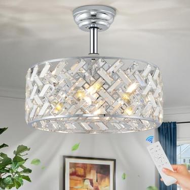 Imagem de CATINER Ventoinhas de teto com gaiola de cristal cromado com luz, ventilador de teto sem lâmina de 45 cm com controle remoto, ventilador de teto fechado de 6 velocidades com motor reversível para