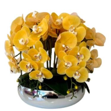 Imagem de Arranjo Grande 8 Flores Orquídeas Real Amarelas Vaso Prata - La Caza S
