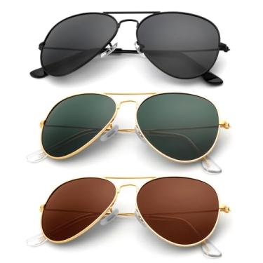 Imagem de KALIYADI Óculos De Sol Aviador Masculino E Feminino Com Lentes Vidro Legítimo Proteção Uv (Pacote 3) 58 Mm