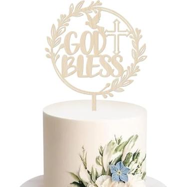 Imagem de 1 pacote de topo de bolo God Bless Glitter pomba cruz batizado de madeira primeira comunhão colher de bolo batismo religioso Deus abençoe cupcake decorações para festa religiosa chá de bebê festa de