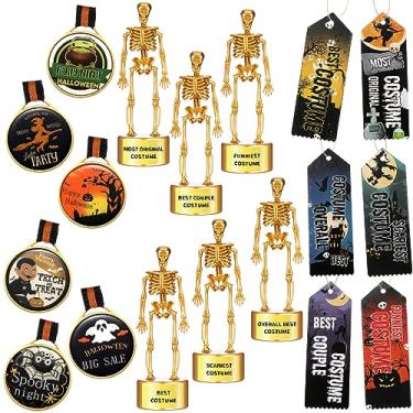Imagem de 18 peças fantasia de Halloween troféu de medalha de Halloween troféus e fitas de troféu melhor fantasia troféus de esqueleto para festa de caveira de Halloween prêmios prêmios de prêmio de concurso de crianças adultos
