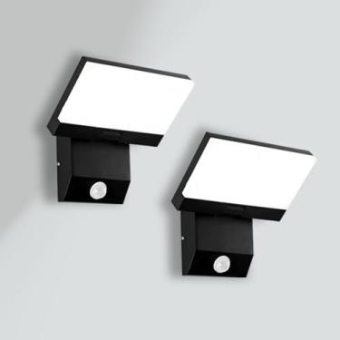 Imagem de PEBIN Pacote com 2 luminárias com sensor de movimento com fio LED 18 W luzes externas modernas para varanda de parede para pátio porta garagem fosco preto quadrado branco frio 6000K