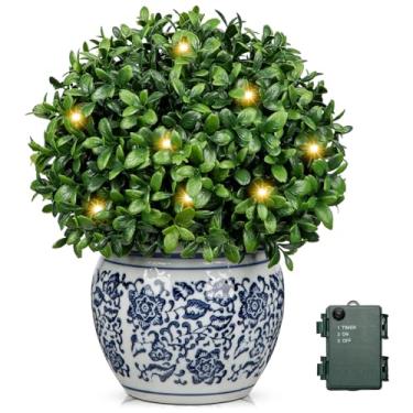 Imagem de DILATATA Topiaria artificial bola de buxo pré-iluminada em vaso de cerâmica azul e branco, buxo em plantas, vegetação falsa decorativa para mesa de centro de mesa, planta interna, decoração de casa -