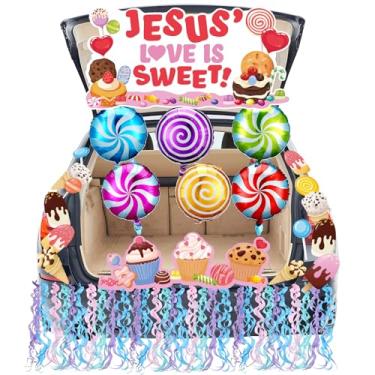 Imagem de VioraWhite 28 peças kit de decoração de carro cristão de Halloween para doces ou petiscos, pano de fundo religioso de Jesus, recortes de guloseimas, guirlanda de borla, balão de pirulito para