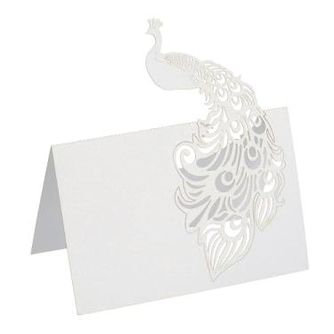 Imagem de PATIKIL 50 peças de cartões de casamento, corte a laser, com nome de pavão, cartão de mesa, papel com glitter perolado para mesa, recepção de casamento, buffet, festa de negócios, branco
