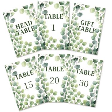 Imagem de GOMAKERER 32 peças de cartões de números de mesa de casamento, 1 a 30 folhas de eucalipto, placas de números de mesa de casamento dupla face com cabeça e cartão de mesa de presente, peça central de