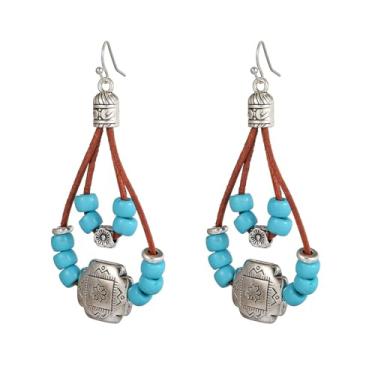 Imagem de Brincos femininos boho turquesa ocidental, vintage, cowgirl, feitos à mão, com contas, brincos modernos de pedra natural, acessório étnico country, Large, Metal, Sem pedra preciosa