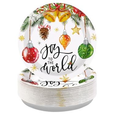 Imagem de Greencian 50 peças de pratos de papel de Natal 23 cm pratos de festa de bola de Natal descartáveis em aquarela bolas de natal pinho bandeja de jantar conjunto de utensílios de mesa para Natal, inverno