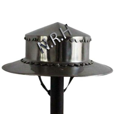 Imagem de Nautical Replica Hub Chapéu de chaleira com faixa medieval, capacete de aço calibre 18 com armadura de forro de couro, capacete do século 14, fantasias de Halloween para homens