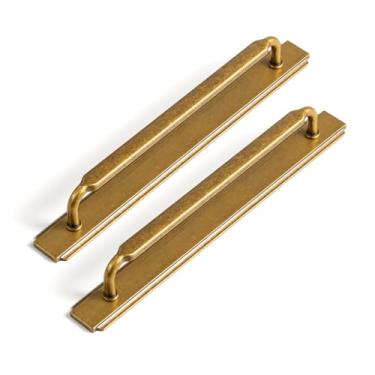 Imagem de Goo-Ki Pacote com 2 puxadores de armário com espaçador de placa traseira, orifício central de 19,5 cm, ferragens de cozinha de liga de zinco de latão antigo para gaveta de bar, 2202-GT-192-G020