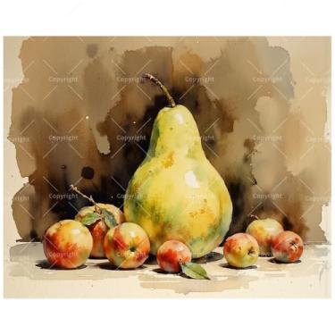 Imagem de Kit de pintura rústica de frutas mortas por números para adultos - DIY grande pera cercada por pintura de maçã em tela, 20 x 30 cm, conjunto de tinta acrílica emoldurada para iniciantes, arte clássica