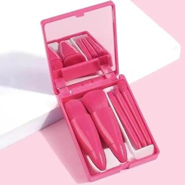 Imagem de Kit de Pincéis de Maquiagem Mini com Espelho - 5 Peças Portátil para Viagem, Necessaire e Retoques - para Iniciantes - Cerdas Macias (Pink)