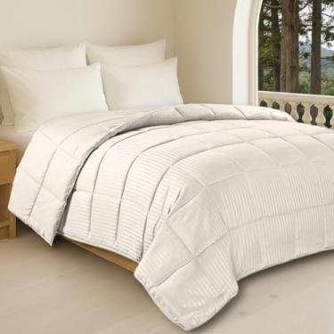 Imagem de Edredom Toque de Plumas Dupla Face, Microfibra Plumage Liso e Stripe Quadriculado (Pérola Stripes, Queen)