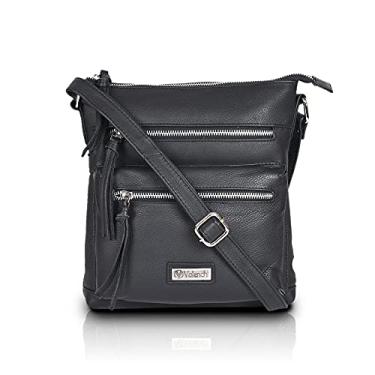 Imagem de Bolsa transversal de couro legítimo com bolsos frontais de metal com zíper e alça longa – feita à mão pela VALENCHI, Fresado em preto, M