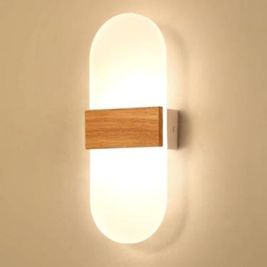 Imagem de Luminárias de parede LED de três cores reguláveis para quarto, abajur nórdico criativo redondo de acrílico, luminária de parede, corpo de lâmpada de madeira original, arandelas de parede par