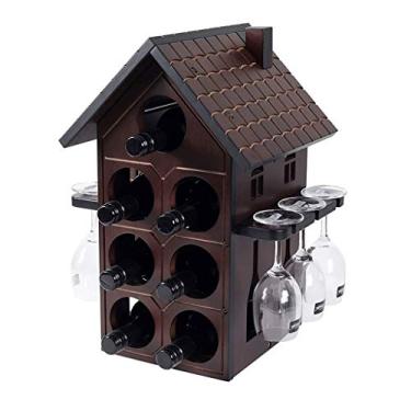 Imagem de FKJLUN Rack de vinho de bancada tipo casa retro bancada de madeira rack de vinho 6 porta-copos 7 garrafas de vinho rack de vinho sala de estar bar europeu decoração de casa armazenamento garrafa de