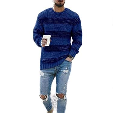 Imagem de Camisola Masculina Moda Casual Macio Confortável Homens Manga Comprida Jumper Listrado Jacquard Homens Malhas Urbano Tendência Juvenil All-match, D-blue, XXL