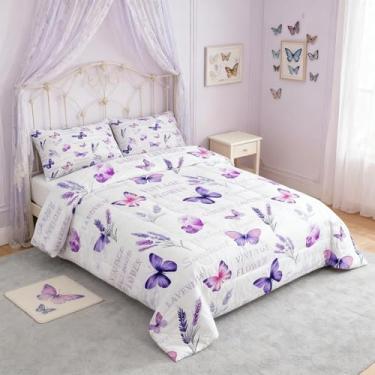 Imagem de Feelyou Conjunto de edredom para meninas, borboleta, todas as estações, flores de lavanda com 1 fronha, microfibra de jardim, solteiro, roxo, azul, decoração de quarto, edredom respirável, macio