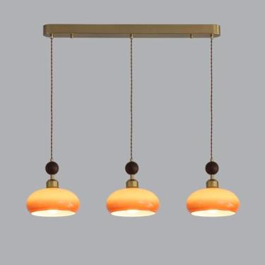 Imagem de YQSLQZZ Lustre de ilha de cozinha vintage, 3 luzes modernas para sala de jantar, casa de fazenda, luminária pendente com abajur de vidro gradiente, base E27, altura ajustável