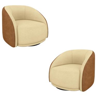 Imagem de Kit 2 Poltronas Decorativas Jenny Base Giratória em Metal Preto Bouclê Bege/Caramelo G45 - Gran Belo