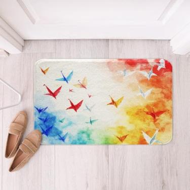 Imagem de Tapete de banheiro de guindaste de papel, tapete de banho em aquarela tie dye graffiti microfibra de lã macia, pintura de tinta de guindaste de desenho animado, tapete de entrada para banheira de chão