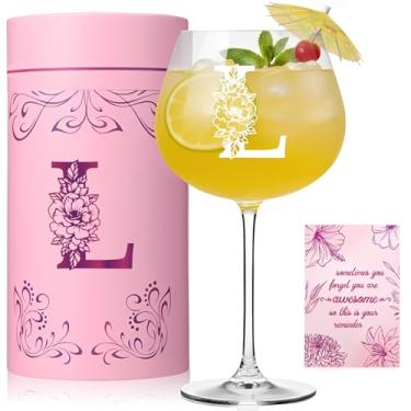 Imagem de Physkoa Taça de vinho inicial personalizada para mulheres - copo monograma com haste de 590 ml, presente gravado personalizado para mãe, esposa, amiga, ela - aniversário, dia das mães, presente para