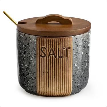 Imagem de YHOJOY Saleiro com tampa e colher, recipiente de sal de cerâmica para bancada, suporte de tigela de sal de 293 ml, cinza