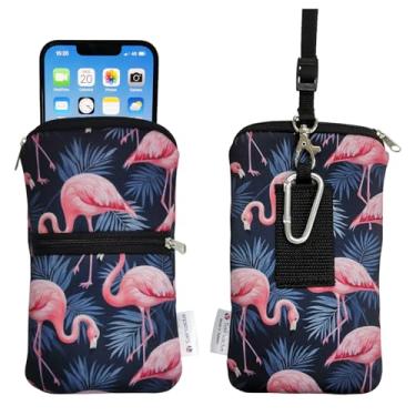 Imagem de Tainada Capa masculina feminina de neoprene à prova de choque com zíper, bolsa com mosquetão, cordão de pescoço, coldre para cinto para iPhone 15/14 Pro Max; Samsung S23+, A54 (padrão flamingo cinza)