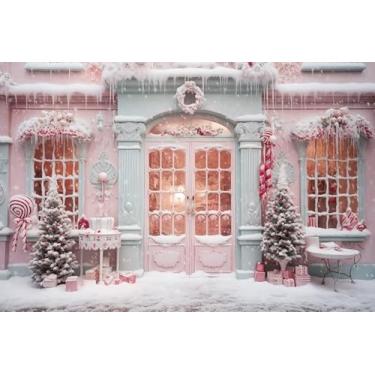 Imagem de ZJRBJB 3 x 2,4 m decoração de Natal rosa pano de fundo país das maravilhas inverno natal castelo rosa doce árvore de Natal doce chalé neve floco de neve ano novo banner cabine de fotos