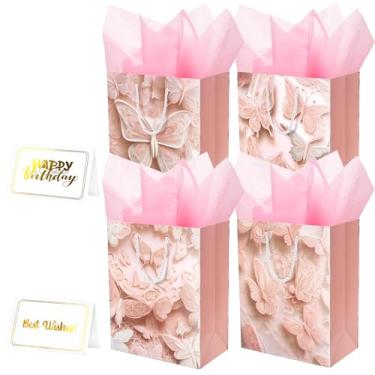 Imagem de Bolsa de presente de borboleta rosa com alça de papel de seda para mulheres e homens, pacote com 4, 23 cm