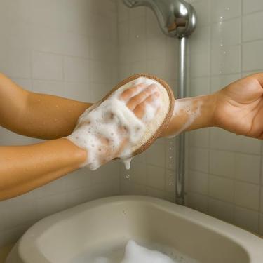 Imagem de Conjunto de bucha esfoliante natural, 2 peças de esponja de banho para chuveiro, esfoliante suave para mulheres