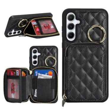 Imagem de Hamany Capa carteira para Galaxy A55 com suporte para cartão, para Galaxy A55 capa de telefone carteira com zíper com compartimento para suporte para mulheres e homens - preta