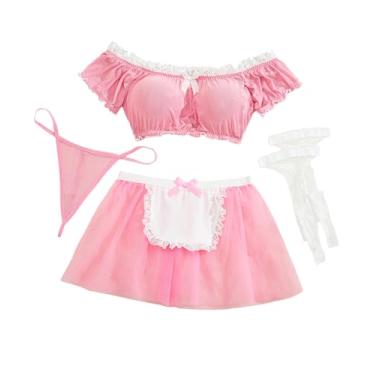 Imagem de Aranmei Conjunto de fantasia feminina de empregada doméstica de 4 peças com saia de avental de renda e meias arrastão para festa de cosplay de Halloween, rosa, G