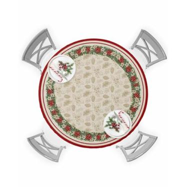 Imagem de Toalha de mesa redonda de poinsétia de Natal para mesas de 114 a 137 cm, toalha de mesa impermeável para uso ao ar livre, toalha de mesa redonda de 137 cm com elástico, capa de toalha de mesa rústica