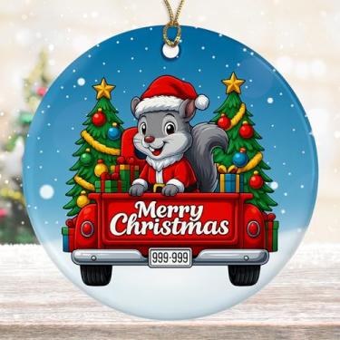 Imagem de DamienBrightGift Enfeite de Natal de Papai Noel esquilo - Caminhão vermelho de cerâmica com decoração de árvore - Presente de lembrança de feriado de animal da floresta fofo - Decoração de Natal para