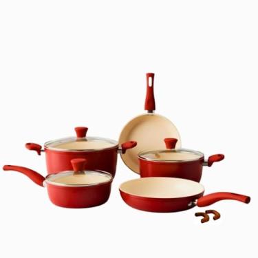 Imagem de Conjunto de Panelas de Cerâmica Antiaderente Revestido de Granito 5 Peças Livre de PFOA Cozinha Saudável e Durável (Vermelho)