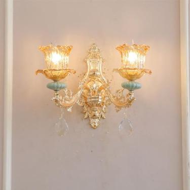 Imagem de Luminária de parede de cristal de luxo europeia, moderna, com LED, para decoração de sala de estar, quarto, escritório, quarto modelo, hotel, casa de campo, corredor (1 peça com 2 lâmpadas).