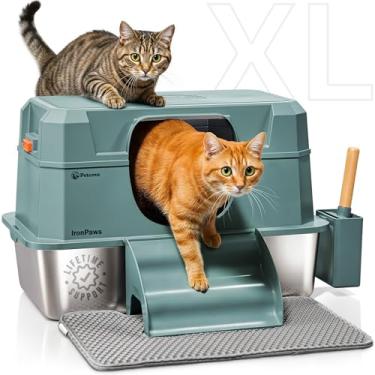 Imagem de Caixa de areia de aço inoxidável com controle de odor integrado - Caixa de areia de metal fechada de 28L XL para gatos grandes Caixas profundas extra grandes 3 em 1 XXL para gatos internos com tapete