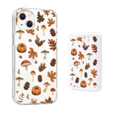 Imagem de AdorableWhimsy Capa para iPhone 15 Pro com suporte para cartão Magsafe, linda capa magnética transparente com design de folhas de outono e Halloween com carteira magnética de couro para mulheres e