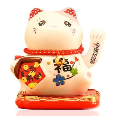 Imagem de Tgfer Nova estátua de cerâmica movida a energia solar Maneki Neko Becoking Lucky Fortune Cat estátua para exibição de casa/decoração de carro (Fortune House)