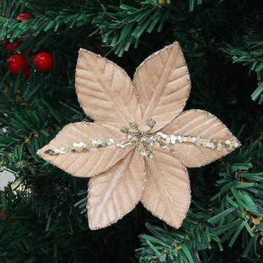 Imagem de tiecawk 20 peças de enfeite de flor de Natal com glitter, flores artificiais de poinsétia de Natal com hastes para árvore de Natal, guirlanda de Natal, decoração de casamento (ouro)