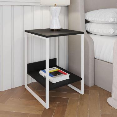 Imagem de Mesa Cabeceira Industrial Lateral De Cama Preta Tókio Base Ferro Branco Cor: Preto