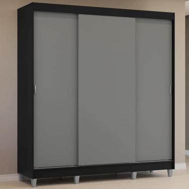 Imagem de Guarda-roupa Casal Com Pés 3 Portas De Correr Preto Cinza Reno Madesa
